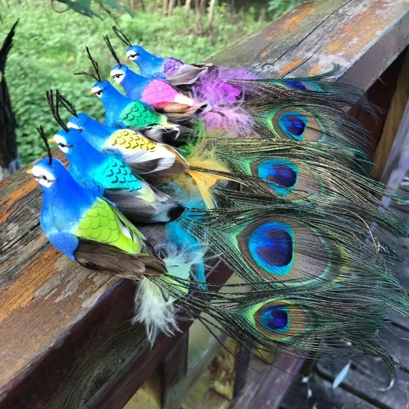 5PCS,20*3*2.5CM,Artificial Decorative Peacock Foam Feathers Birds With Foot,Fake Bird For Home Decoration,Christmas Party