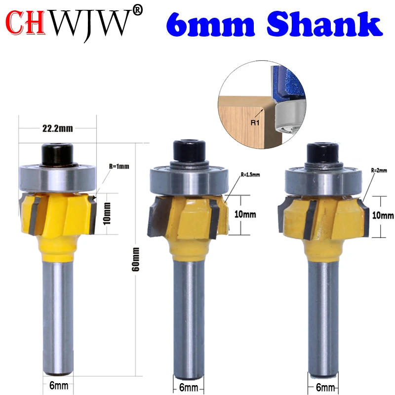 CHWJW 6mm 1/4 Shank High Quality Woodworking Milling Cutter R1mm R1.5mm R2mm Trimming Knife Edge Trimmer 4 Teeth Wood Router Bit