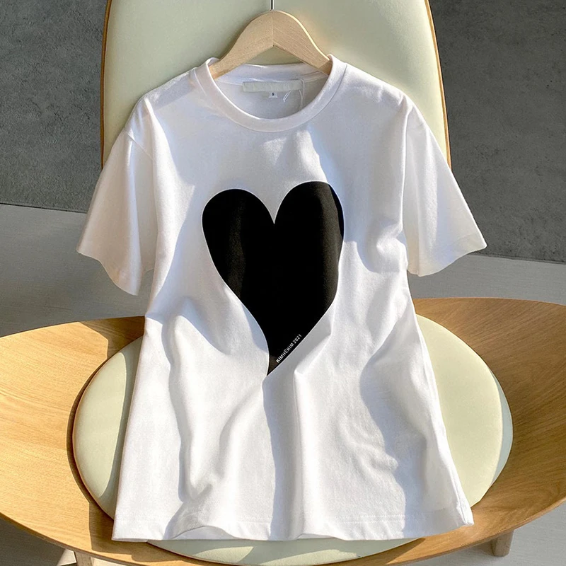 Spade Big Love Print Harajuku Loose Women T Shirt White Cotton Short Sleeve O Neck Tees Tops Bottom Fashion Brand