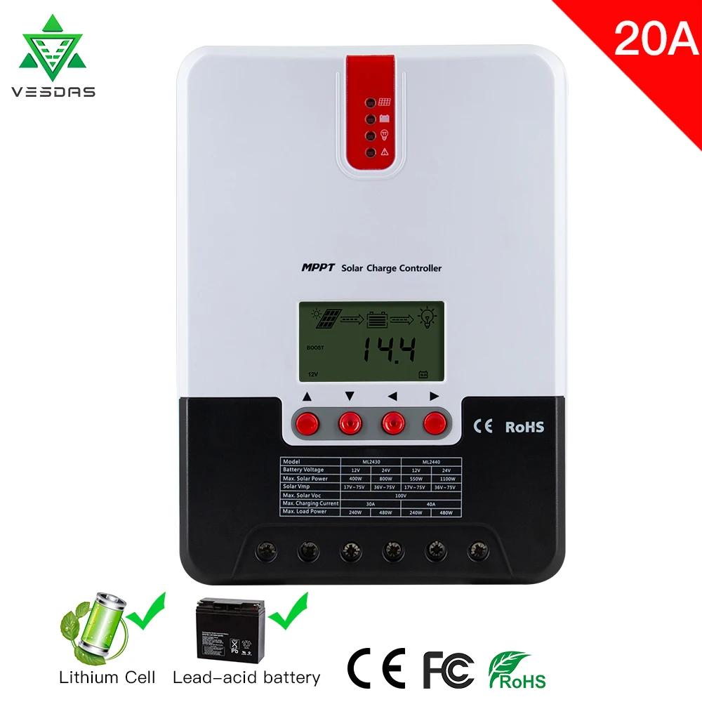 MPPT 20A Solar Charge Controller Auto 12V 24V PV Regulator Max 520W input For Lithium Lead Acid Gel AGM Lifepo4 Battery