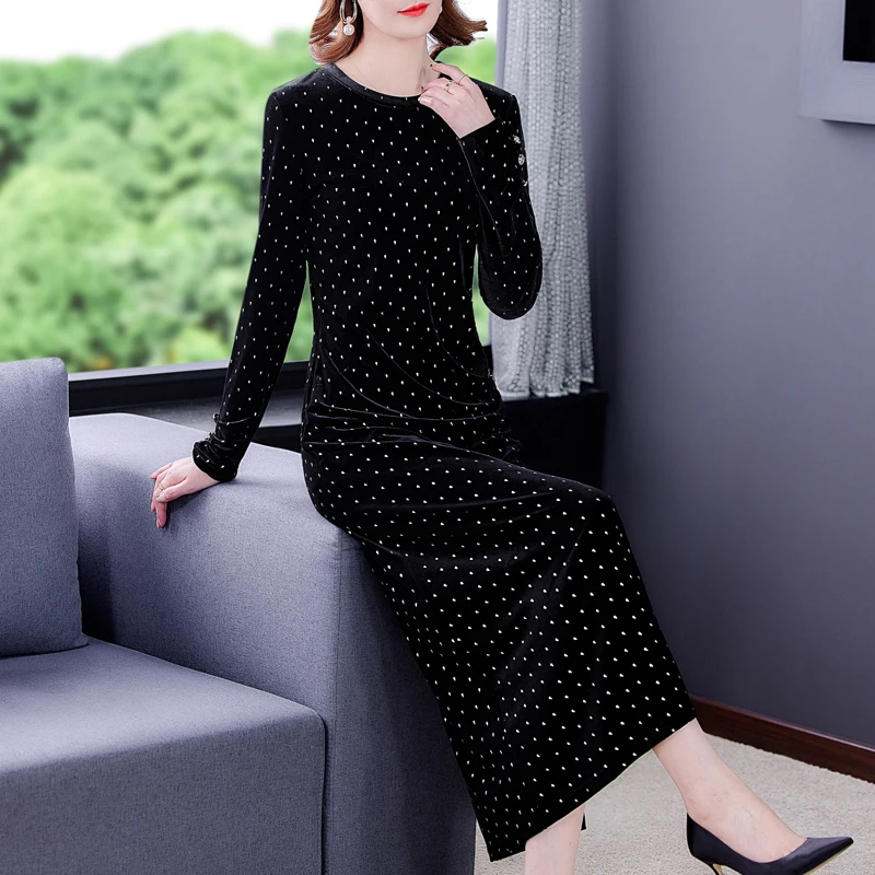 

2024 Spring Black Polka Dot Golden Velvet Maxi Dress Autumn Women Korean Vintage Midi Dresses Elegant Bodycon Party Evening Robe