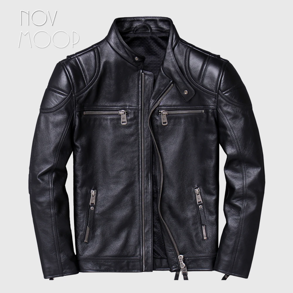 Novmoop high street fashion style black detachable hooded cowskin genuine leather coat young boy winter jacket płaszcz LT2986