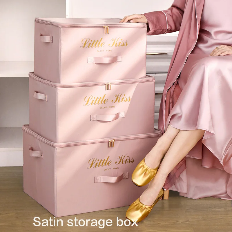 Clothes Quilt Storage Box Organizer Household Large Wardrobe Foldable Satin Fabric Storage Box Home Large Item Organizer WF