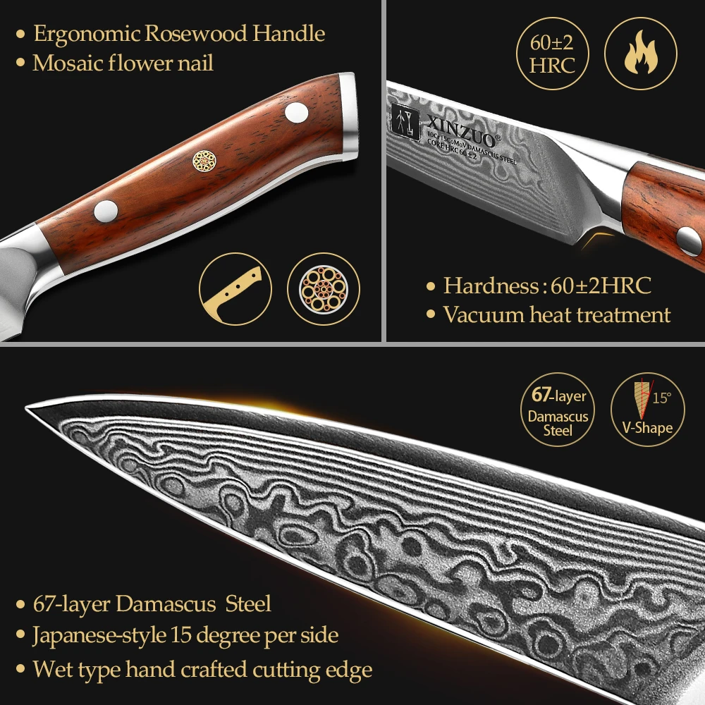 XINZUO Brand 3.5\'\' Inch Paring Kitchen Knife Handmade Damascus Steel Rosewood Handle Japanese Carved Peeling Knife Kitchen Tools