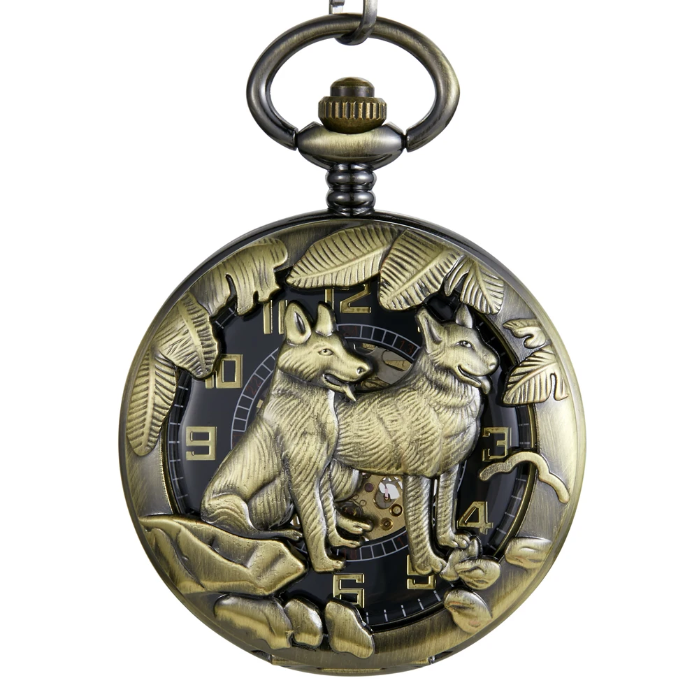 Antique Double Wolf Mechanical Vintage Hollow Skeleton Pocket Watch Pendant Clock Retro Gifts Men Women