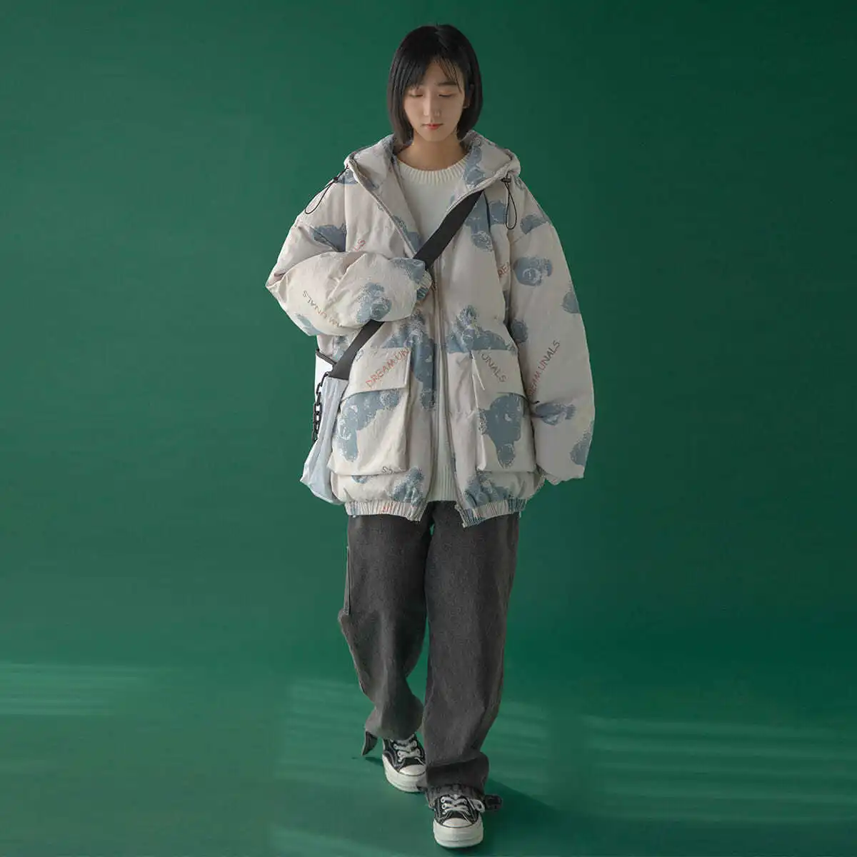 Large pocket tooling padded jacket women 2024 winter loose print hooded thick warm jacket for student daily working lady girls