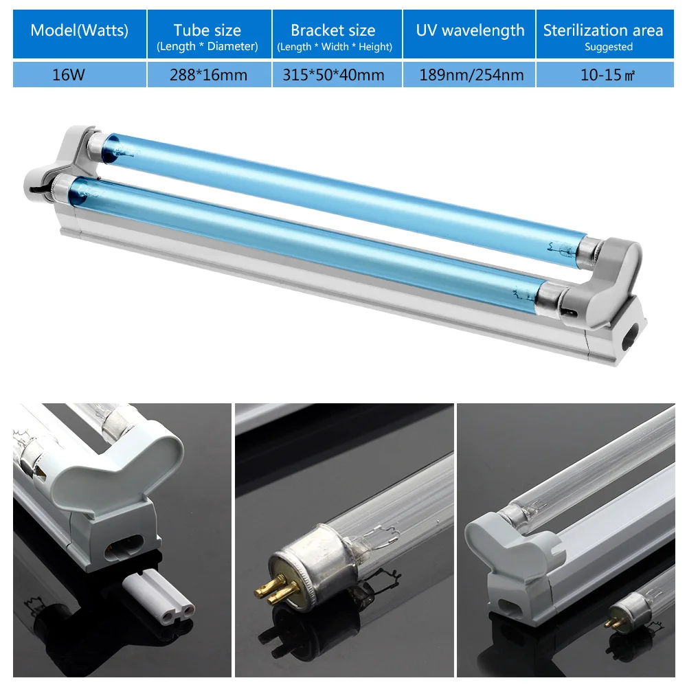 16W/220V Ultraviolet Germicidal Lamp UVC Sterilizer Kill Dust Mite Eliminator 254nm Double-sterilized UV Quartz Lamp For Home