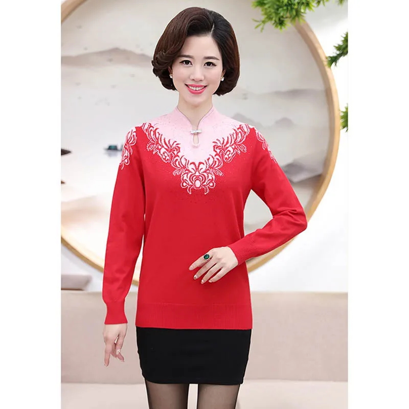 Fashion Qipao Neck Sweater Pullovers Women Knitwear Tops Autumn Winter Slim Kniting Bottoming shirt Mother Dress