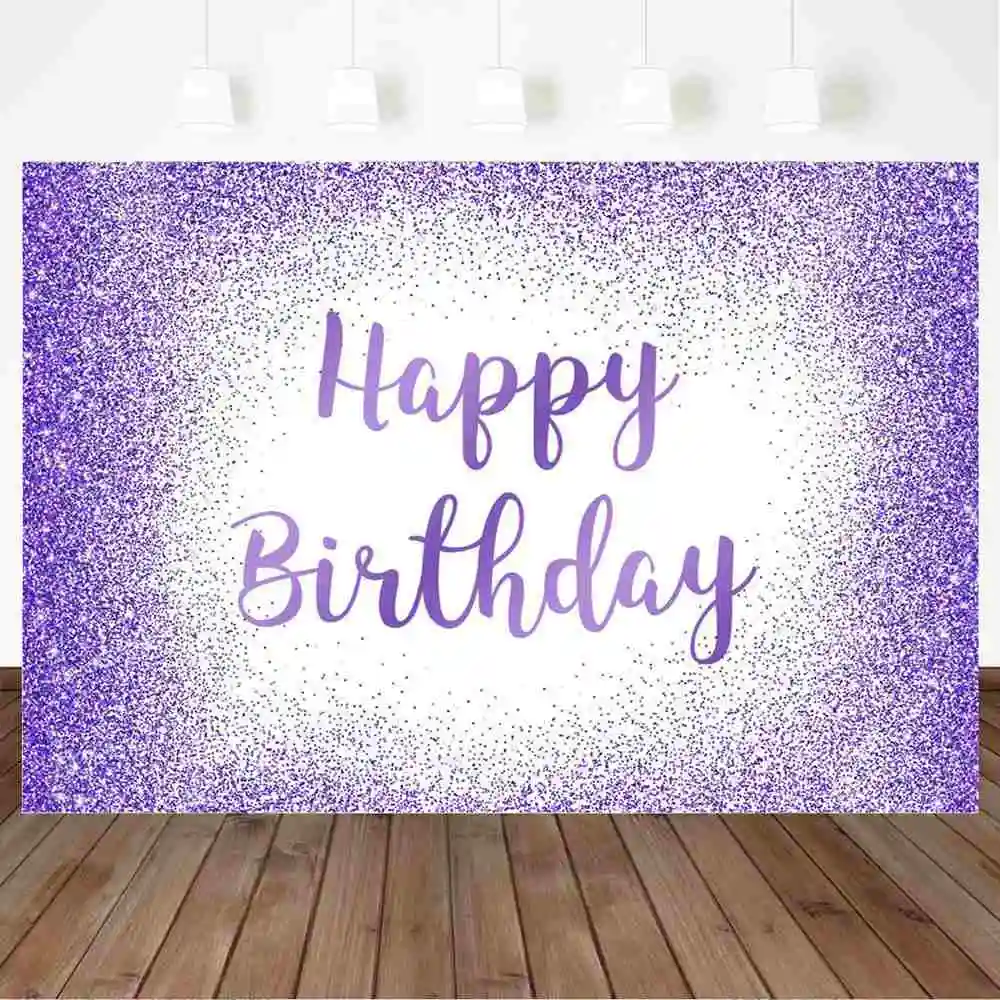 Mocsicka Glitter Happy วันเกิดสีม่วง Polka Dot ผู้หญิงวันเกิดตกแต่งภาพพื้นหลังงานแต่งงานโปสเตอร์ที่กำหนดเอง