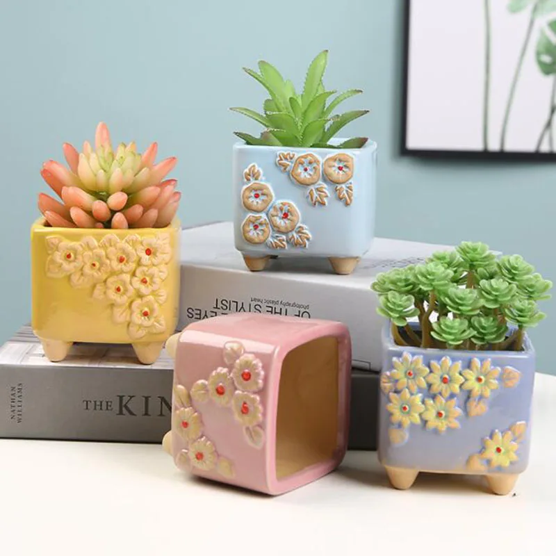 4pcs/set Square Flower Pattern Decorated Succulent Plant Pot Breathable Vase with A Hole Bonsai Pot Home Garden Balcony Decor