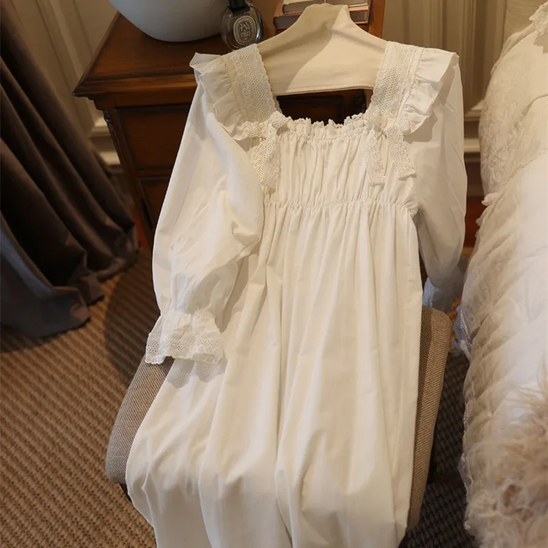 New Elegant Sweet Cotton Long Nightgowns For Women Long Sleeve Vintage Embroidery Nightshirts Comfortable Night Dress