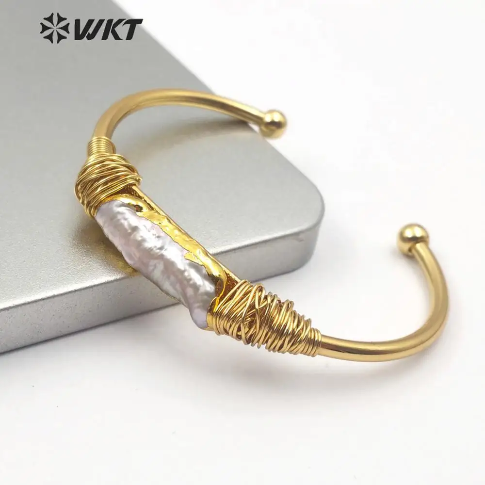 WT-B489 Natural Freshwater Pearl Wire Wrapped Bracelet  Gold Trim Pearl Gold Electroplated Bangle Fashion Jewelry For Woman