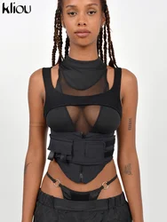 Kliou Biker Shorts Top Women Hipster Y2K Irregular Shape Stitching Mesh High Street Style Clothing Sexy Cleavage Sheath Wear