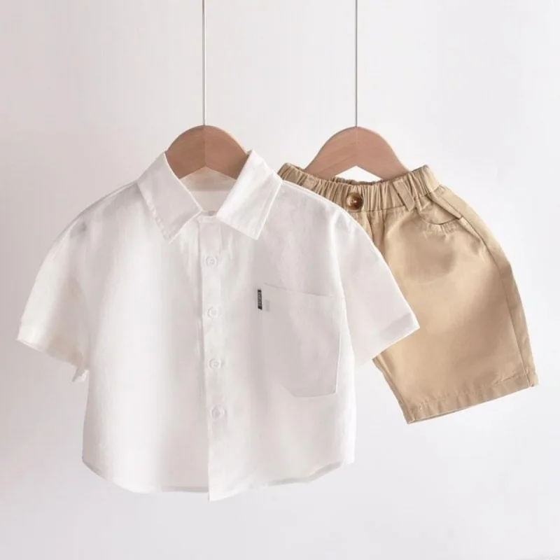 Baby Boy Linen Shirt Solid Color White Pink Infant Toddler Child Shirt Short Sleeve Kid Outfit Baby Clothes 1-10Y