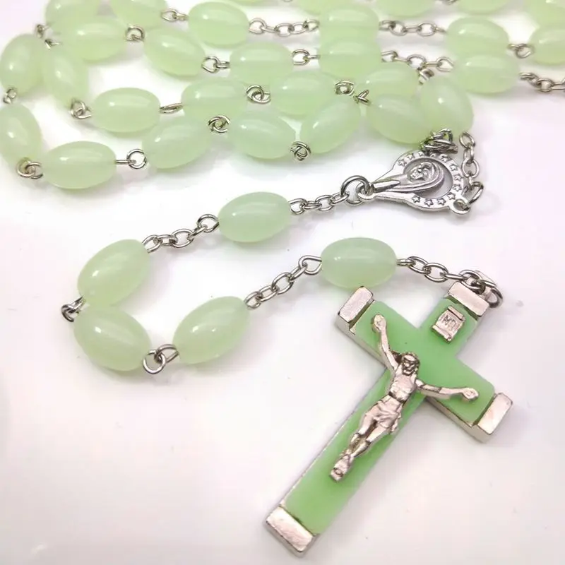 QIGO  Luminous Rosary Necklace Crucifix Pendant Long Plastic Beads Cross Religious Jewelry