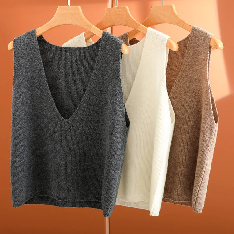 Hot Sale 100% Pure Australian Wool Knitted Sleeveless Women Sweaters Vneck Loose Thick Warm Knitwears 6Colors Female Vest