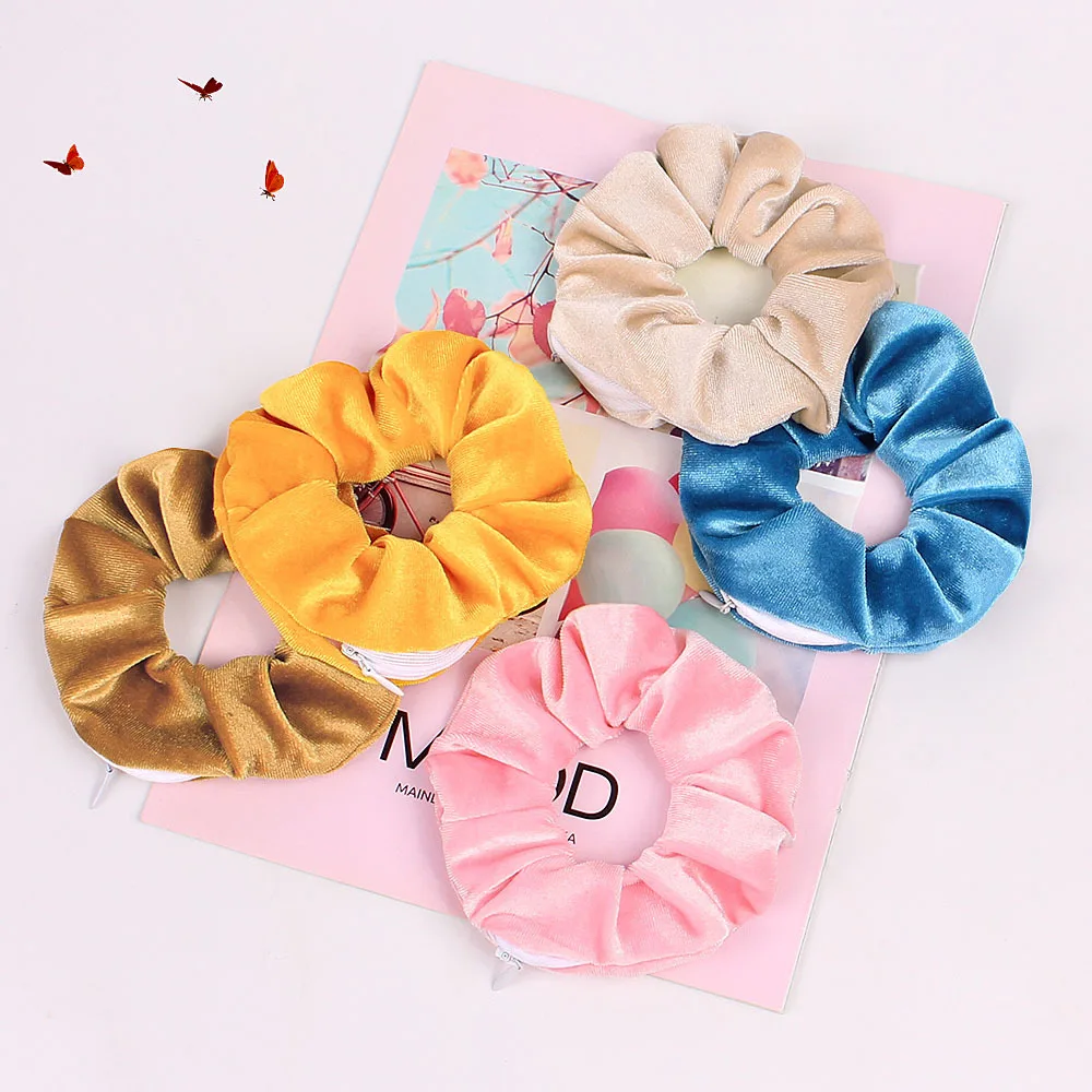 1PC Fashion New Velvet Pocket wallet Hair Scrunchies Retro Zipper Large Intestine Elastic Hair Band Hair Accessories Hot