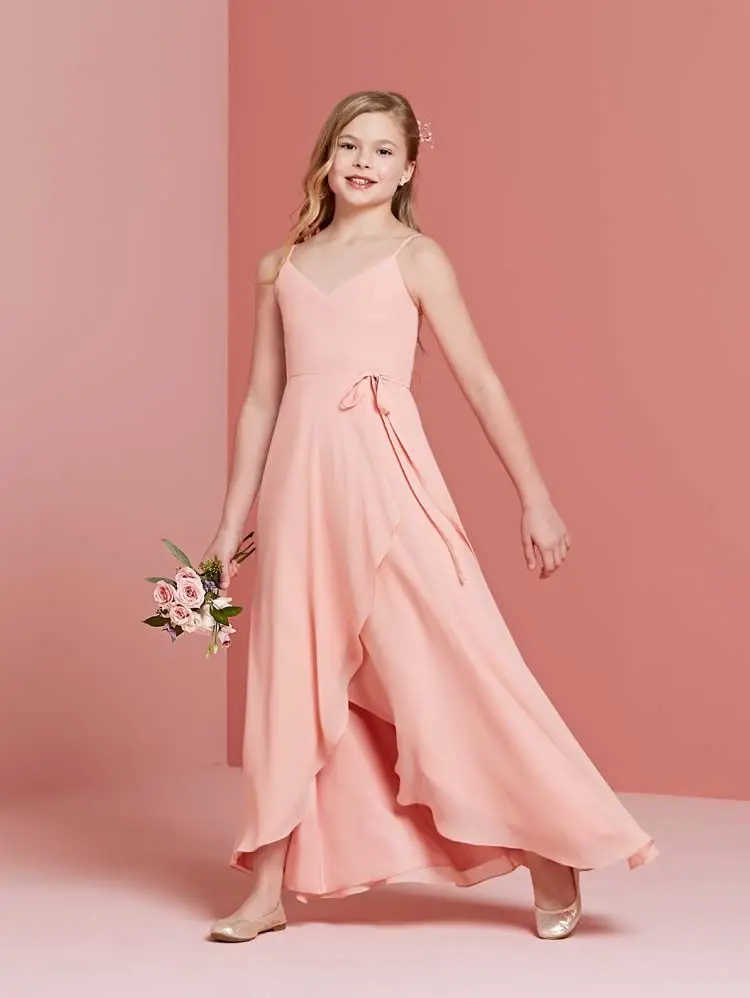 Coral Cheap Junior Bridesmaid Dresses Under 50 A-line Spaghetti Straps Cross Floor Length Chiffon Long Wedding Party Dresses