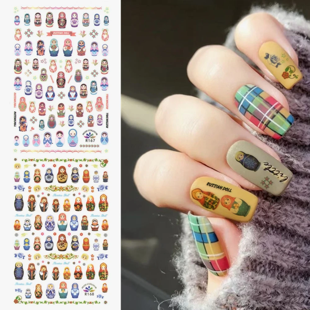 Newest R-168 Russian Japanese doll 3d nail art sticker nail decal stamping export japan designs With adhesive