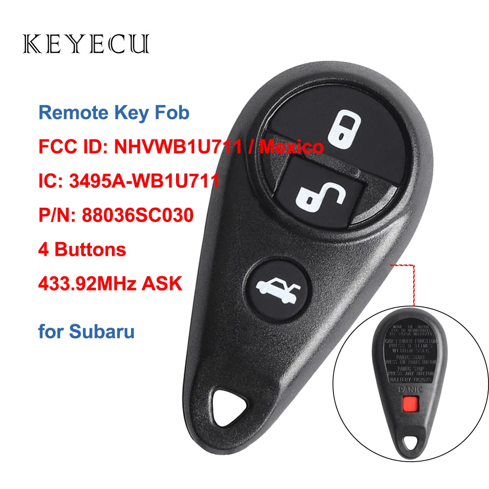 

Keyecu Remote Car Key Fob For Subaru Forester Impreza Legacy Outback Tribeca Impreza WRX 1999-2009 NHVWB1U711 Mexico 88036SC030