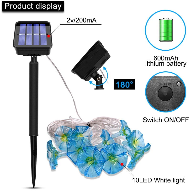 Lampki świąteczne zewnętrzne światło w kształcie kwiatów słonecznych wodoodporne 10led Morning Glory Solar Fairy dekoracyjne lamki sznurkowe do domu ogrodowego