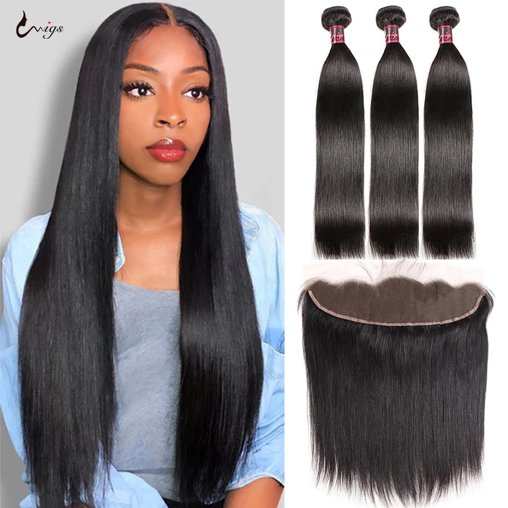 

UWIGS Straight Bundles With Frontal 13x4 Lace Frontal Human Hair Bundles With Frontal Brazilian Straight Hair Bundles With Front