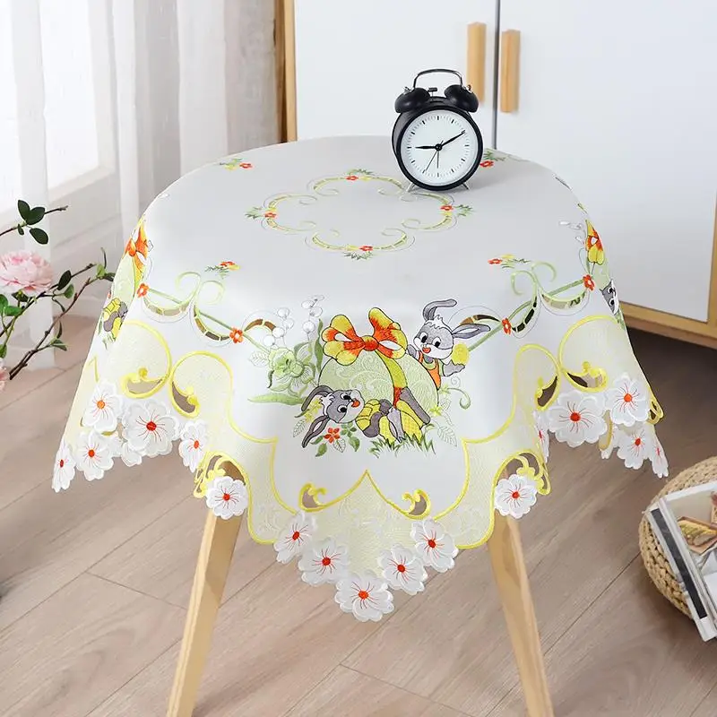 Modern Square 85cm Europe Cartoon Easter Satin Lace Embroidered Table Cover Cloth Towel Kitchen Tablecloth Party Birthday Decor