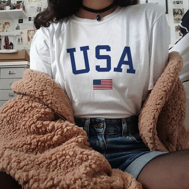 Harajuku yaz kadın t-shirt rahat abd bayrağı baskılı üstleri Tee kadın T Shirt kısa kollu T Shirt Streetwear t-shirt