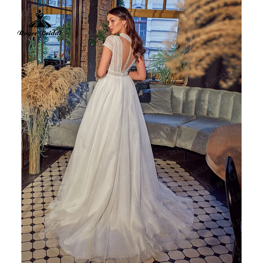 Elegante bohomia vestidos de casamento renda tule praia vestidos de noiva manga curta boné clássico vestidos de casamento vestido de novia sencill