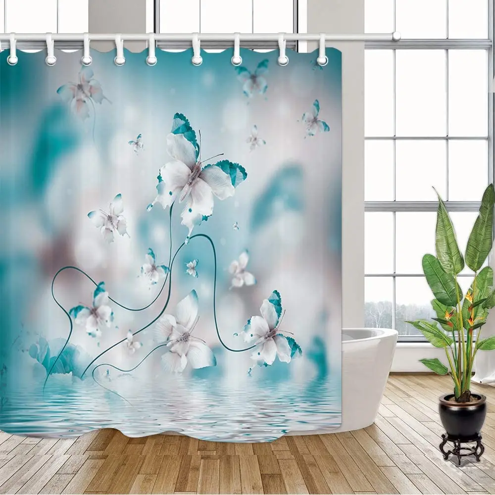 Floral Butterfly Shower Curtain Set Irises Flowers Butterflies Botanical Leaf Bathroom Decor Fabric Bath Curtains with Hooks