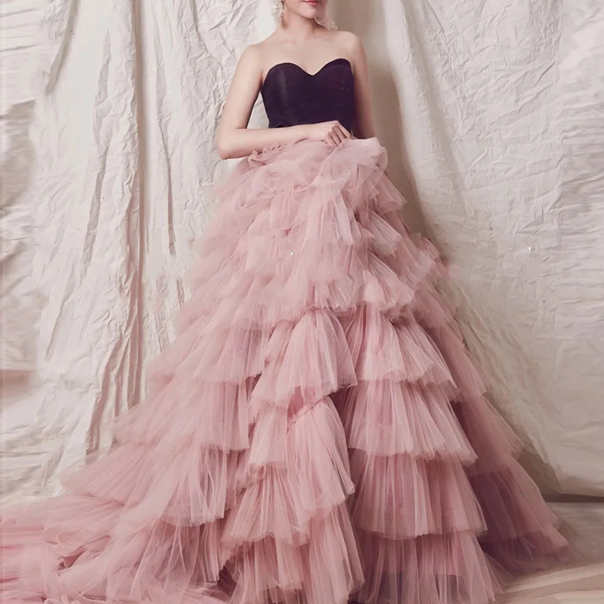 Elegant Rose Pink Long Prom Skirt Tulle Tiered Ruffles Women Maxi Skirts Formal Gown Sweep Train Tulle Wedding Skirt Saia Custom