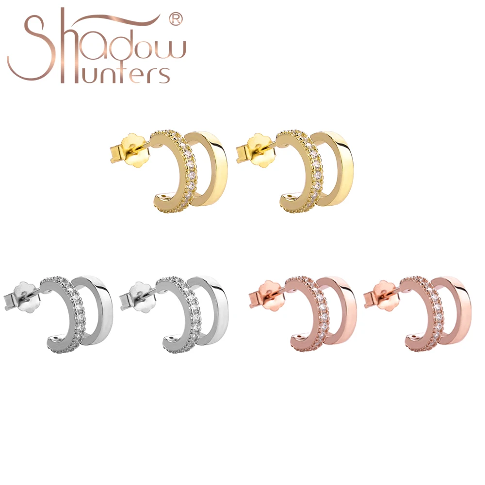 SHADOWHUNTERS 925 Sterling Silver Two Rows Half Round Stud Earrings With Clear CZ Piercings For Women Jewelry Unique Christmas