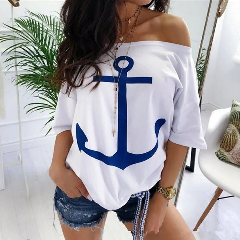 Camiseta con estampado de ancla de barco para mujer, top Sexy de media manga con hombros descubiertos, holgado, informal, blanco, rojo, talla