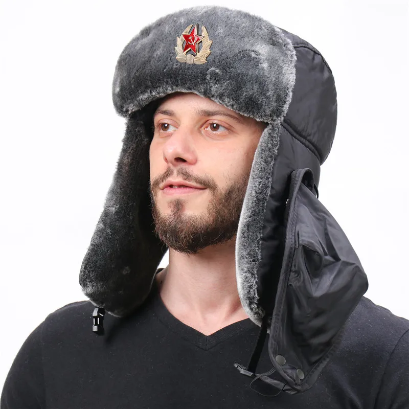 Warm Soviet Badge Lei Feng Hats Men\'s Russian Army Ushanka Bomber Hat Outdoor Plus Velvet Thicken Caps Faux Rabbit Fur Earflap