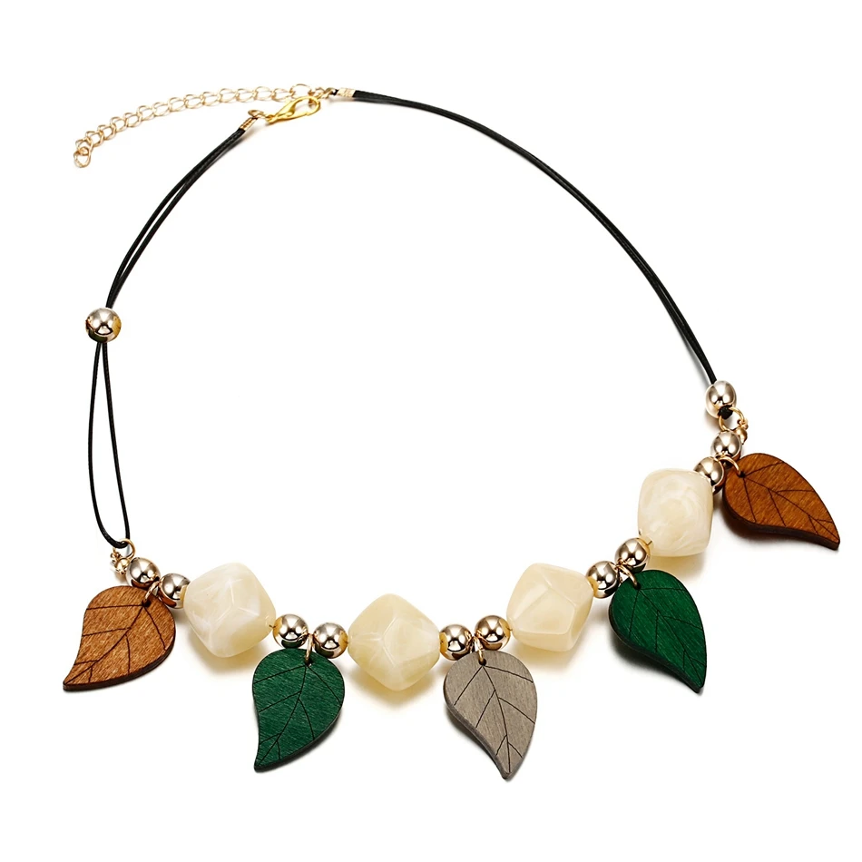 Women\'s Wood Leaf Necklace for Women Geometric Beads Necklaces & Pendants Beaded Statement Necklace New Jewelry for Gifts NR075