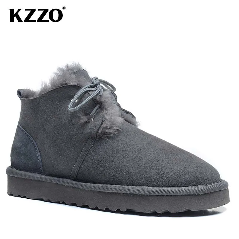 KZZO Real Natural Sheepskin Suede Leather Ankle Snow Boots For Men Shearling Lined Winter Warm Non-slip Lace-up Wool Fur Shoes