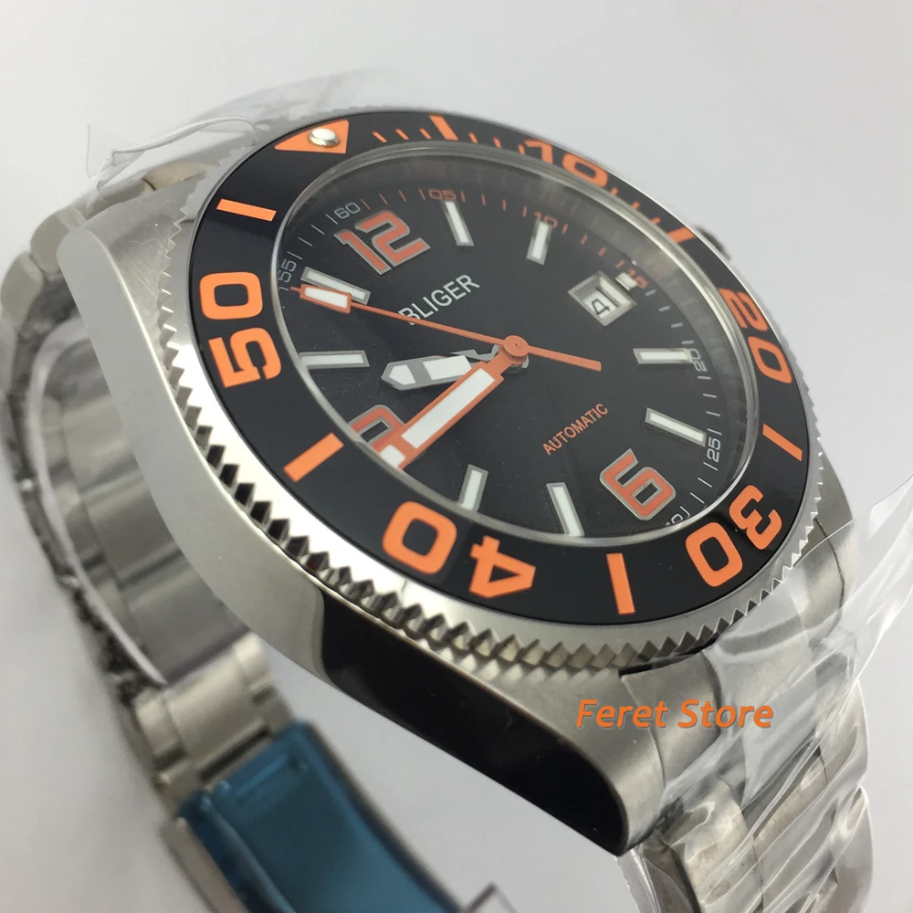 Bliger 43mm Top Casual Mechanical Men\'s Watch Sapphire Glass orange Ceramic Bezel Black Dial Waterproof Luminous Automatic Watch