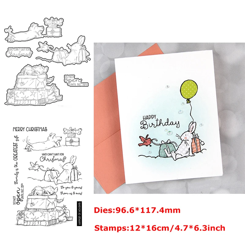 

Lying Bunny Dog Cutting Dies With Clear Stamps Christmas Present DIY Scrapbooking Craft Paper Cards Making Template 2020
