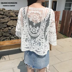 Thin Summer Cardigan Women Bohemian Cotton Embroiery Lace Cardigan Sheer Crop Tops Ladies Plage Cover-ups Sunprotection Jacket