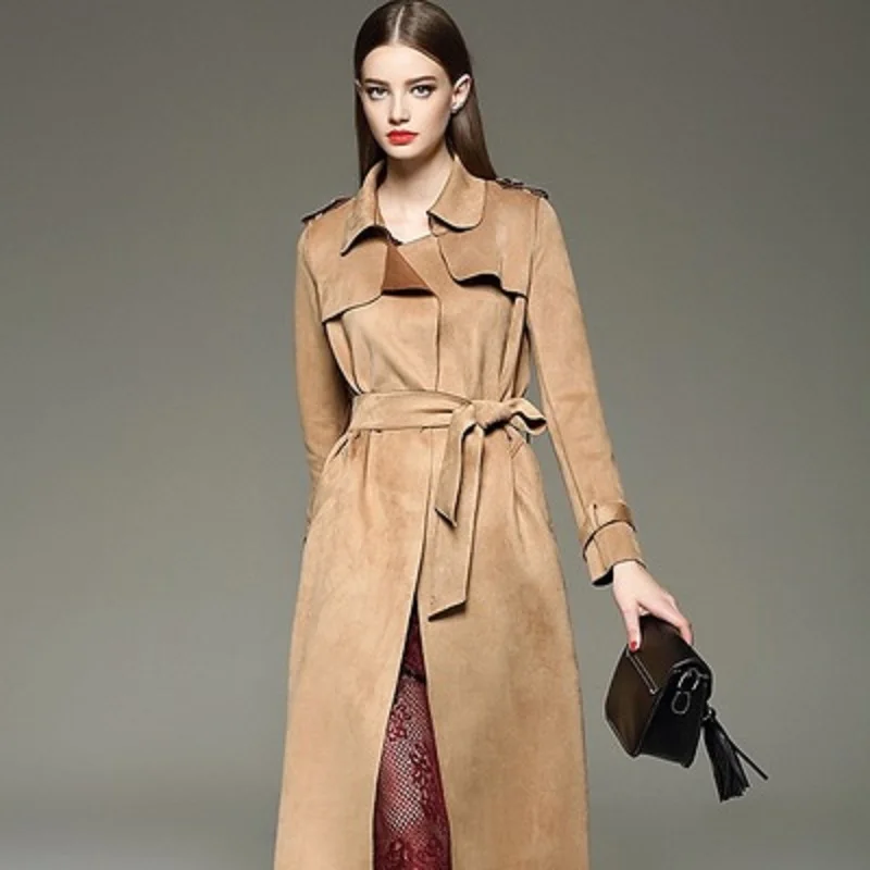 Women\'s Slim Red Suede Trench Coat, Female Overcoat, Long Cardigan, Elegant Outwear, New, Autumn, Z234