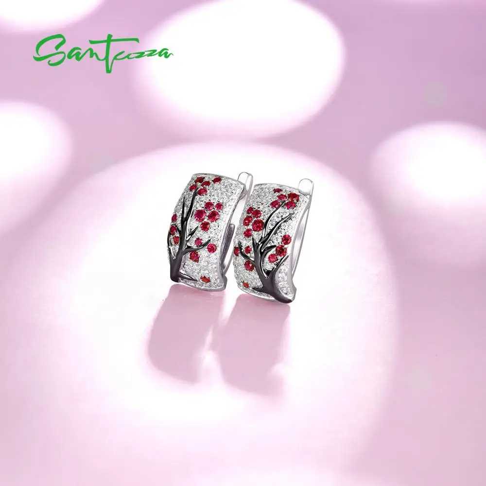 SANTUZZA Silver Earrings For Women Pure 925 Sterling Silver Pink Green Cherry Sparkling Cubic Zirconia brincos Fashion Jewelry
