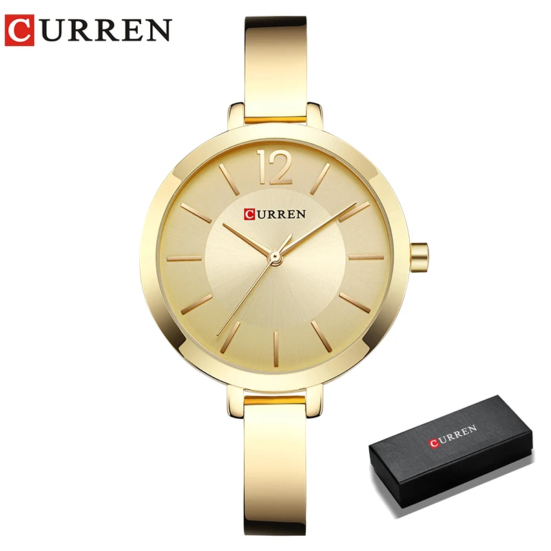 CURREN Modische Goldene Damenuhren Edelstahl Ultra-Dünne Quarzuhr Romantische Damenuhr mit Box