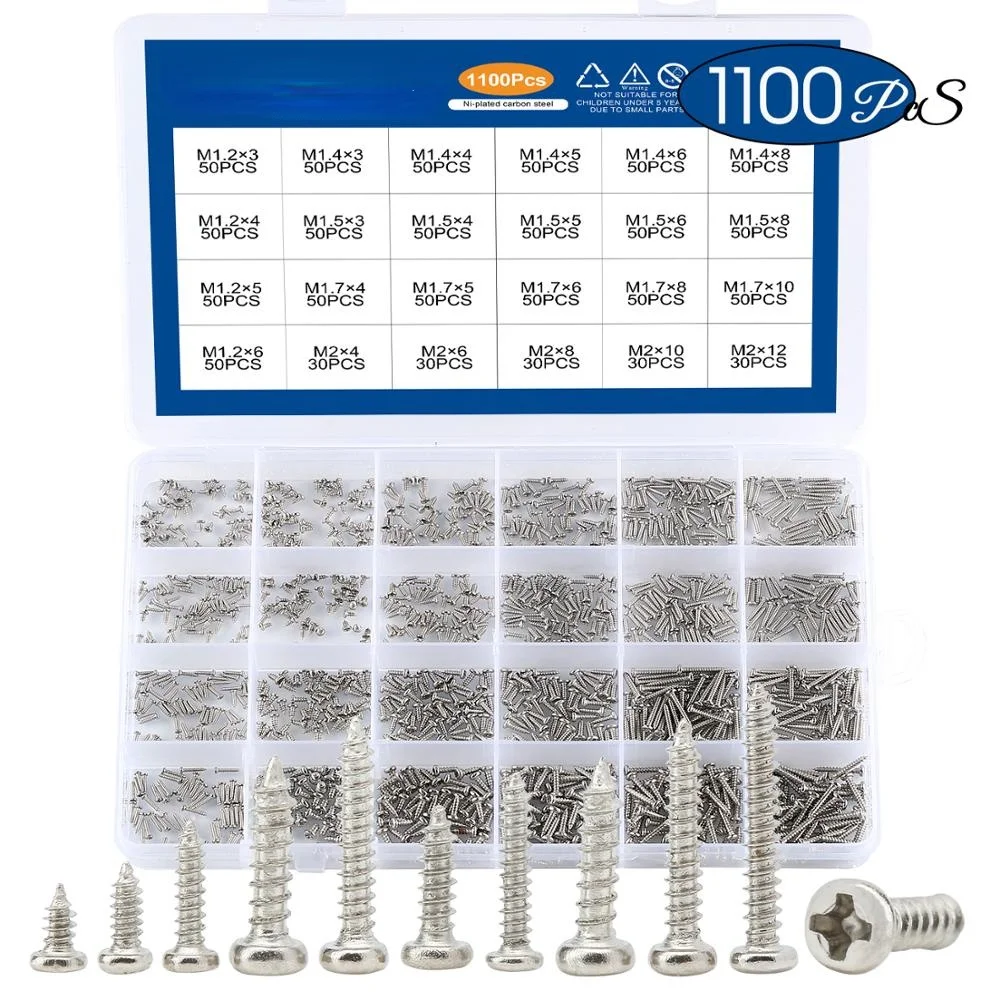 1100pcs Round Pan Head Tapping Screws Set M1.2 M1.4 M1.5 M1.7 M2  Mini Screw laptop computer screw Phillips Screw kit