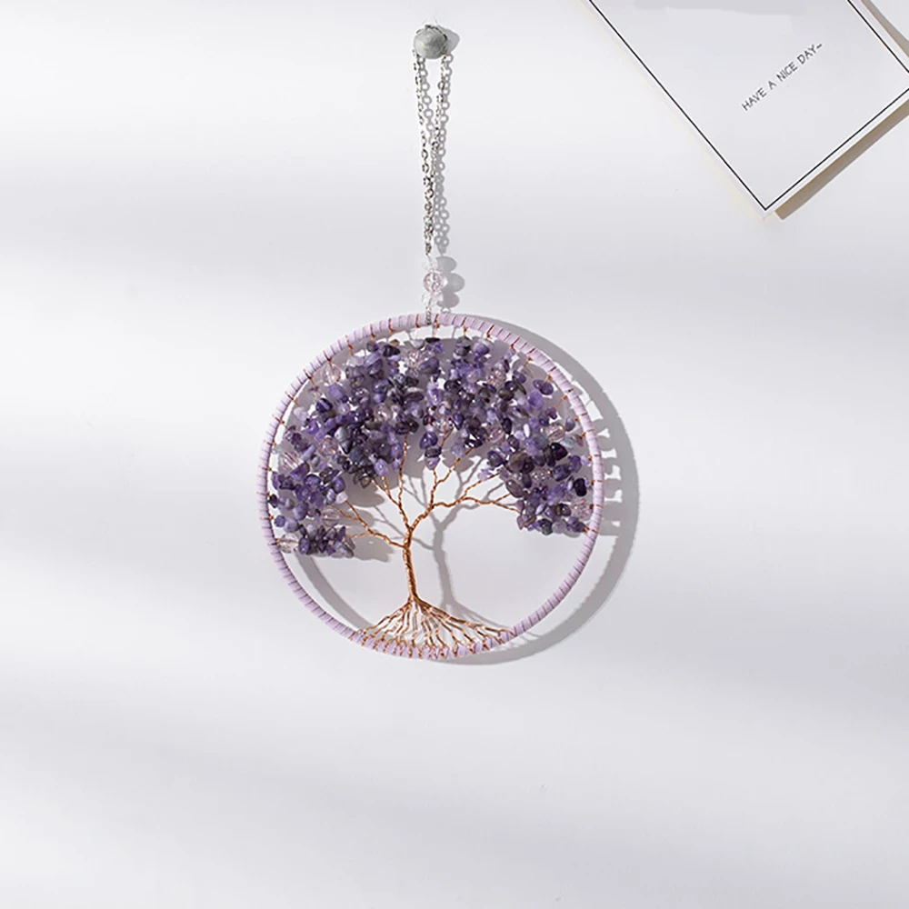 Amethyst Healing Crystal Tree of Life Hanging Ornament Wire Quartz Gemstone Wall Window Hanger Home Office Decoration Dia 16cm