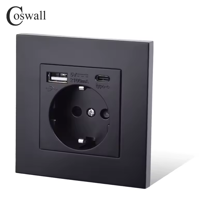 COSWALL EU Spanien Russland Wandsteckdose geerdet USB Typ A & Typ-C Ladeanschluss 2A Ausgang max. PC-Panel Mattschwarz E20-Serie