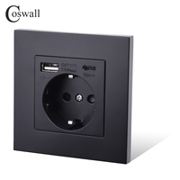 COSWALL EU Spain Russia Wall Socket Grounded USB Type A & Type-C Charge Port 2A Output Max. PC Panel Matte Black E20 Series
