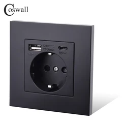 COSWALL EU Spain Russia Wall Socket Grounded USB Type A & Type-C Charge Port 2A Output Max. PC Panel Matte Black E20 Series