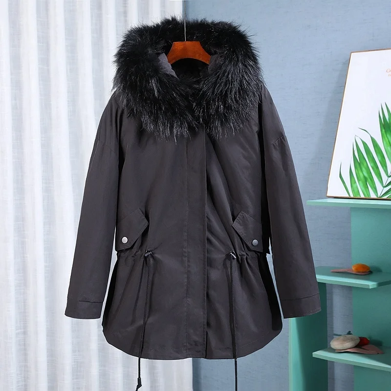 Warm Women Drawstring Hooded Fur Collar Detachable Parkas Winter Casual Cotton Jackets Preppy Full Sleeve Outerwear Female