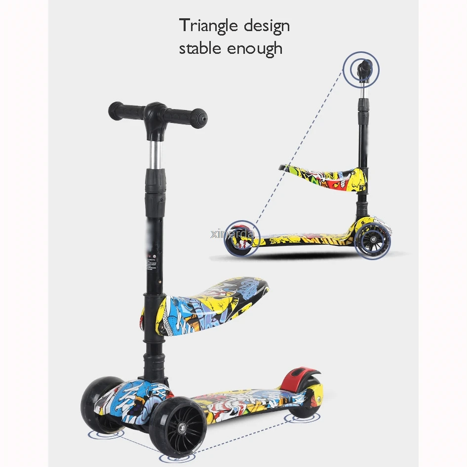 Scooter de pontapé ajustável para crianças, assento dobrável, piscando 3 rodas, scooters, skate City Roller, presentes para crianças, 3 em 1