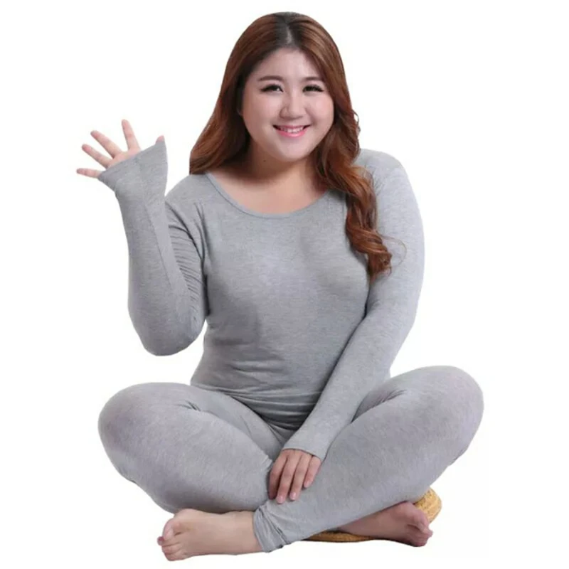 2021 Top Women's Thermal Underwear Set Plus Fleece Ladies Plus Fat Plus Women's Set Thin Round Neck Large Size Thermal Underwear